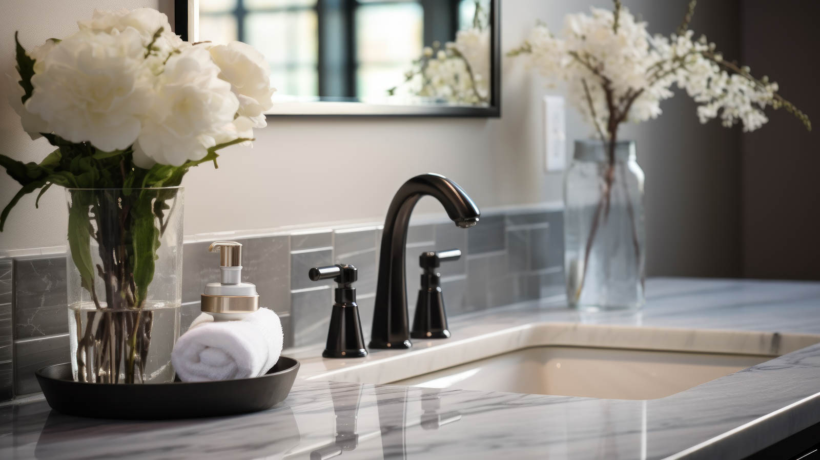 Classic faucet reflects on the marble countertop of well-lit ba